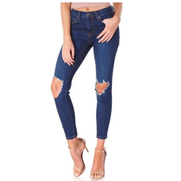 Free People High-Rise Busted Skinny Dark Blue Jeans - Picture 4 of 6